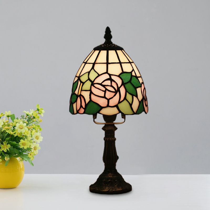 Dome Shape Nightstand Lighting 1-Light Stained Glass Baroque Style Blossom Patterned Table Lamp in Red/Pink/Orange