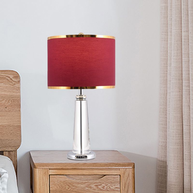 Burgundy Circular Nightstand Lamp Traditional Fabric Shade 1 Bulb Bedchamber Table Light with Crystal Lamp-Post