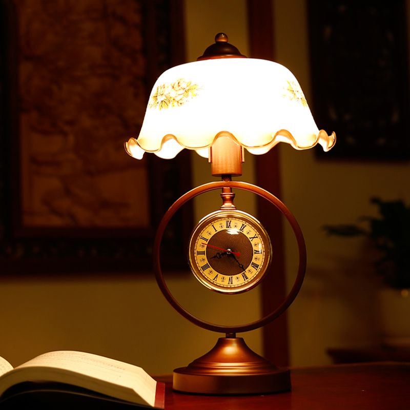 Rust 1 Head Pleated Table Light Vintage Opaline Glass Dome Reading Book Lamp with Ring and Clock