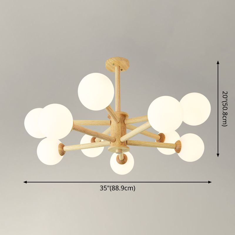 Béige en bois massif léger suspension simplicité moderne lampe à lustre à nuance en verre givré blanc pour chambre à coucher pour le salon