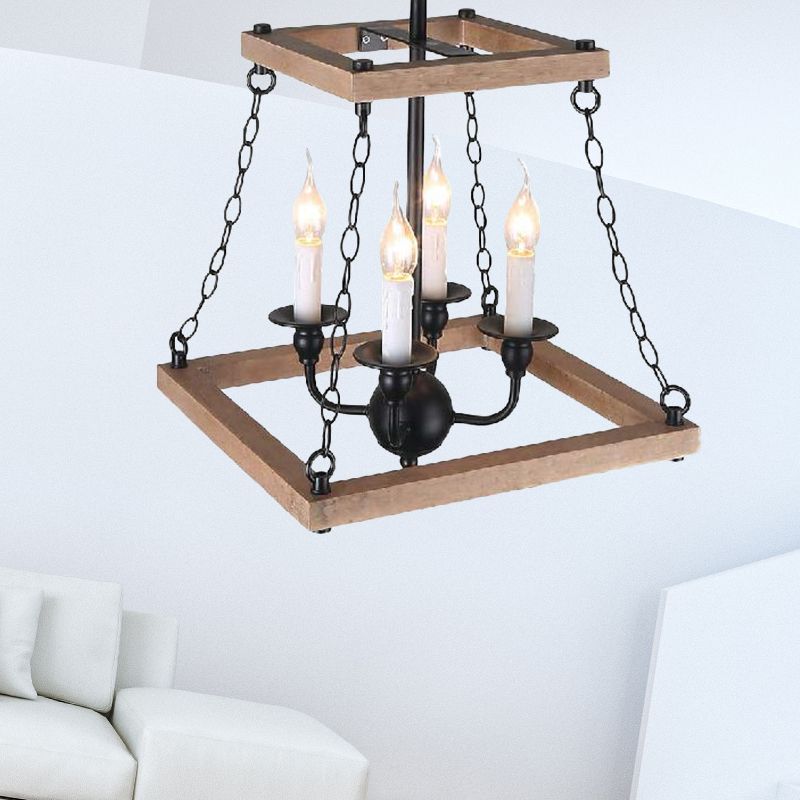 Brown Trapezoid Chandelier Lamp with Flameless Candle Farmhouse Metal and Wood 4-Light Kitchen Hanging Lamp