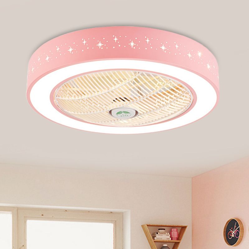 Drum Acrylic Semi Flush Mounted Lighting Kids Bedroom 7 Blades LED Ceiling Fan Lamp Fixture in Pink/Blue/White, 23.5" W