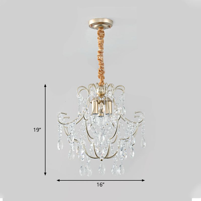 Bent Armed Metal Pendant Chandelier Transitional 3-Light Gold Ceiling Light Fixture with Crystal Draping