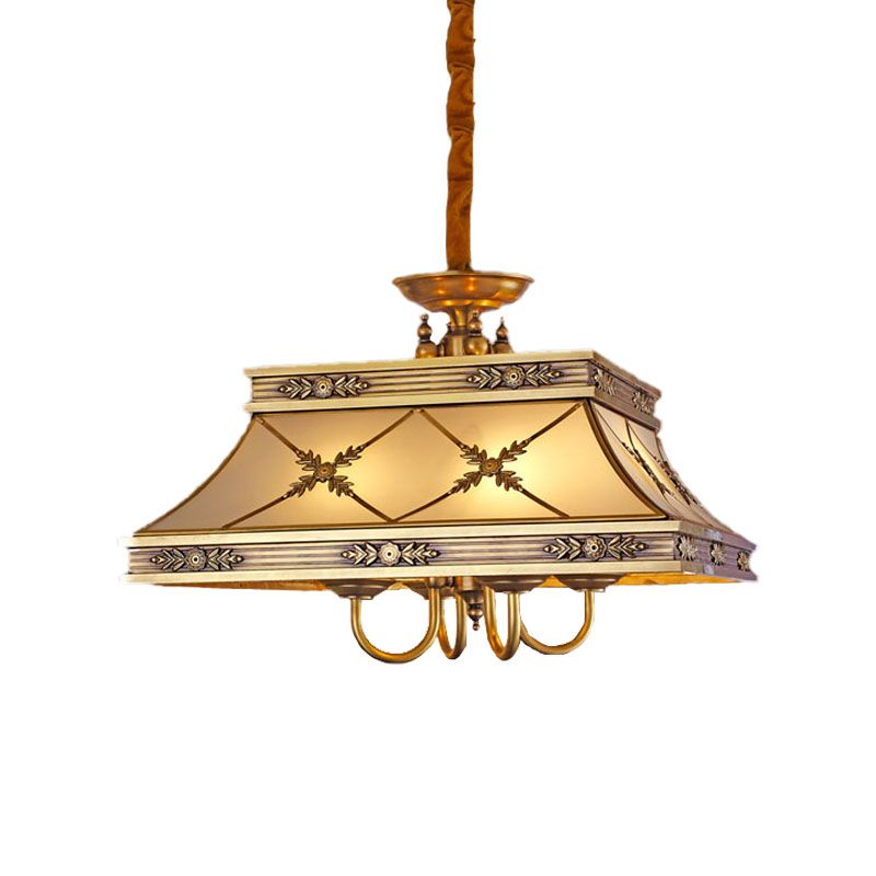 Colonial Trapezoid Hanging Pendant 4 Heads Sandblasted Glass Chandelier Lighting Fixture in Brass