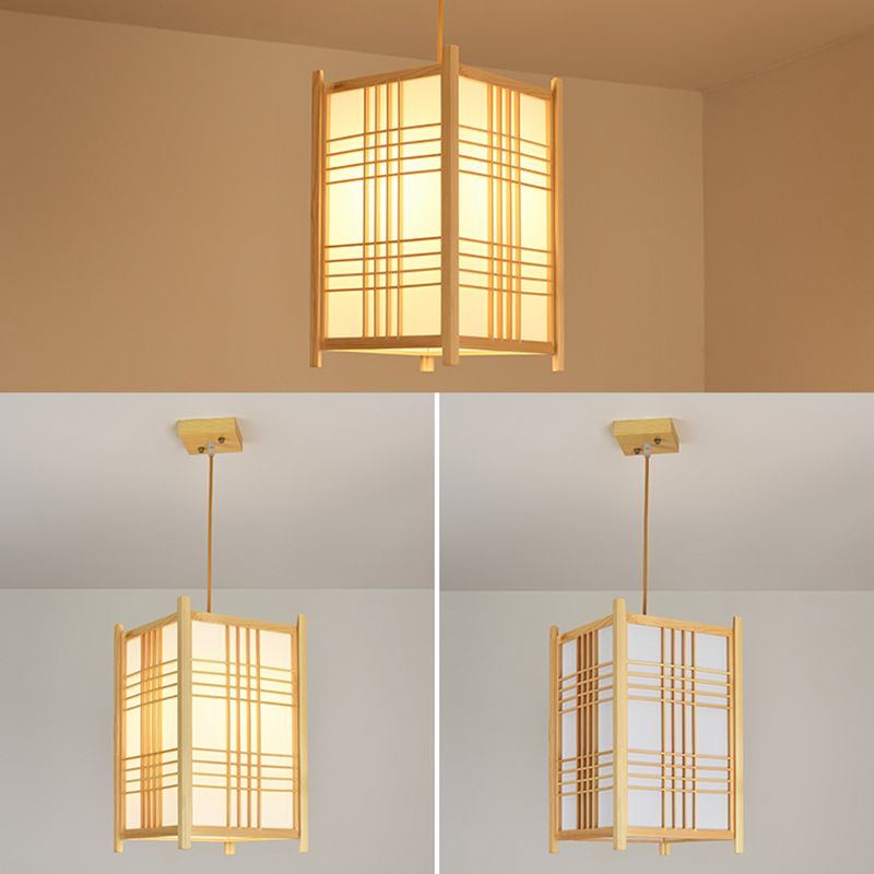 Rectangular Commercial Pendant Lighting Japanese Wooden 1-Light Restaurant Drop Lamp