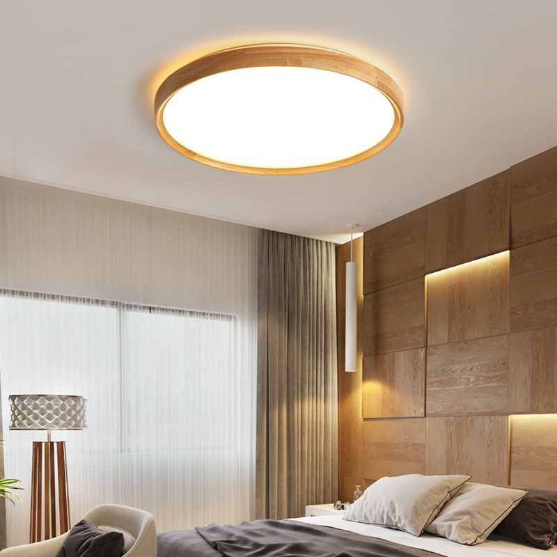 Round Wooden Ceiling Mount Light LED Ceiling Light with Acrylic Shade for Bedroom