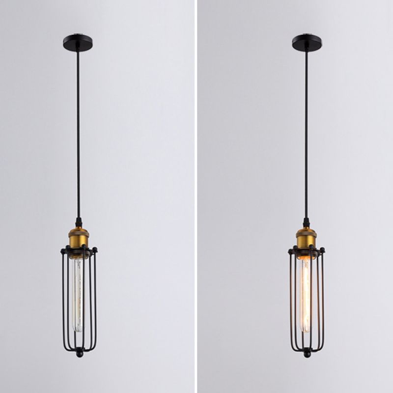 Vintage Industrial Zylindrische Drahtkäfigkäfig Anhänger Licht Black Metall Suspension Licht für Wohnzimmer