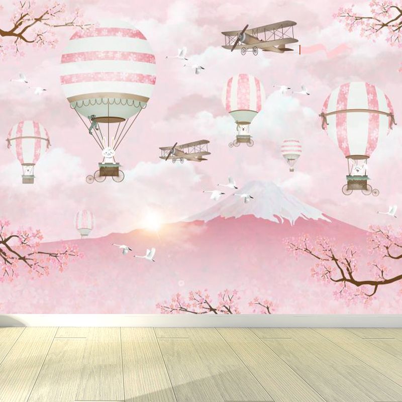 Pink Rabbits Balloon Trip Mural Mount Fuji Cherry Blossom Cartoon Washable Wall Decor