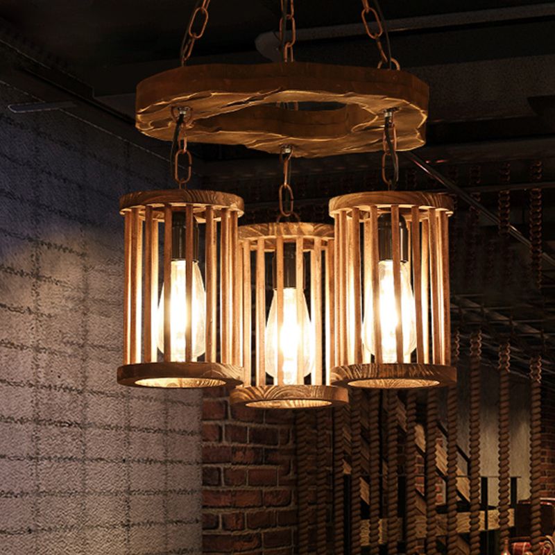 3-Light Wood Hanging Chandelier Industrial Black Cylinder Dining Room Pendant Light Fixture with Chain