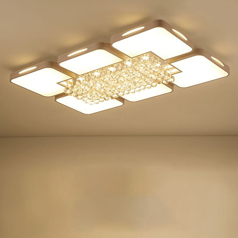 Plafón LED rectangular blanco, accesorio de techo acrílico moderno para sala de estar con bolas de cristal