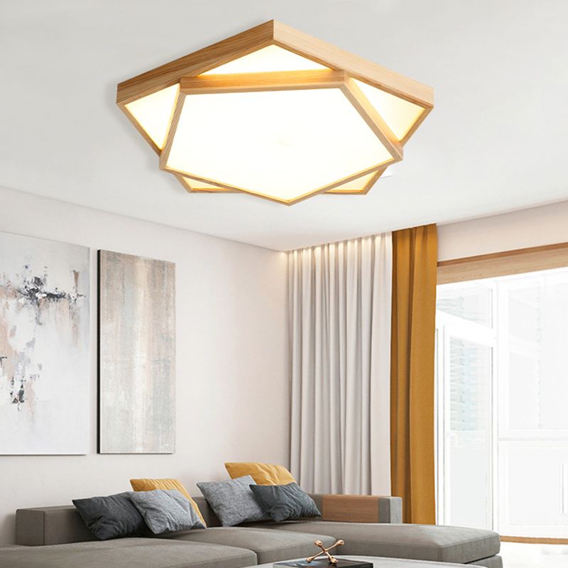 Simple Pentagon Flush Mount Light 2-Light Wood LED Ceiling Light for Bedroom