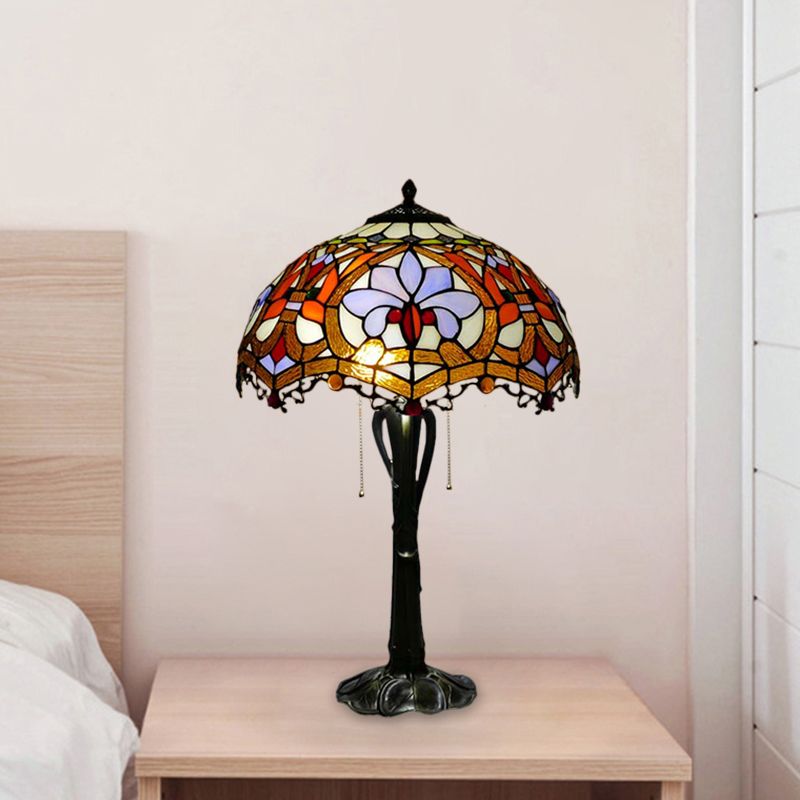 Cone/Dome Nightstand Lighting Victorian Cut Glass 2-Head Gold Pull Chain Table Lamp with Blossom Pattern