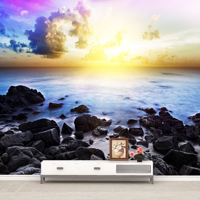 Sunburst and Rock Shore Mural Blue-Purple Modern Wall Art for Living Room, Optional Size