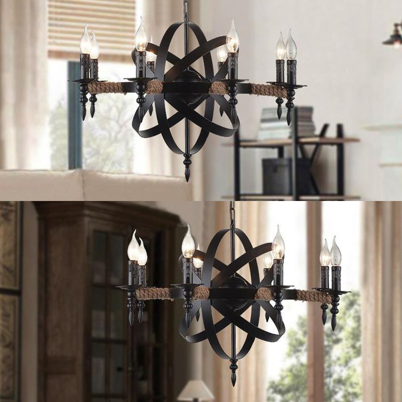 Orbit Cage Metal Chandelier Lamp with Candle Design Antique Style 8 Lights Living Room Pendant Light Fixture in Black