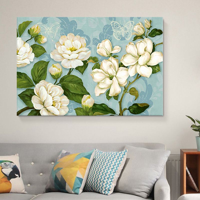 Big Blooming Magnolia Painting Canvas Art for Bedroom, Blue and White, Textured Surface