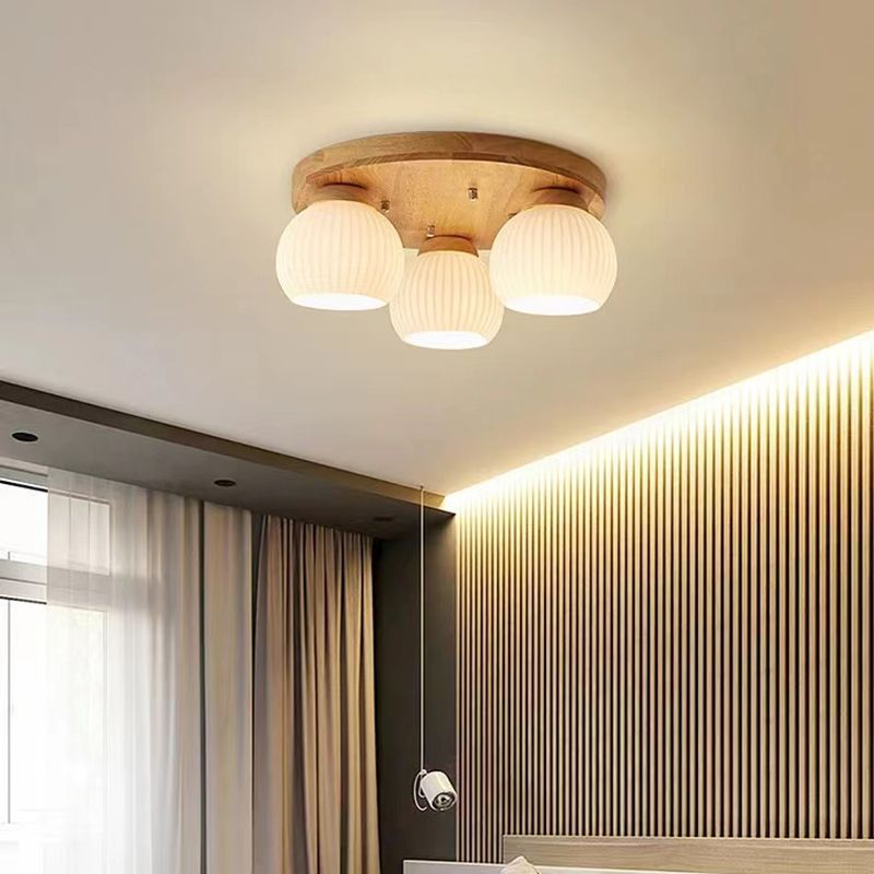 Modern Ceiling Light Wooden Ceiling Mount Light with Glass Shade for Bedroom