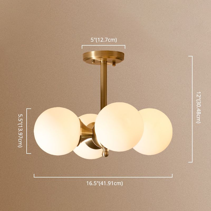 Modern Brass Semi Flush Mount Light 4-Light Sphere Glass Semi Flush Ceiling Light for Bedroom