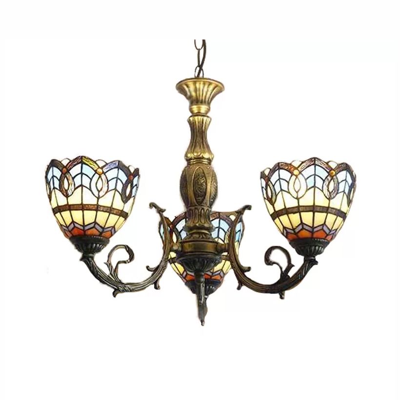 Tiffany Style Chandelier Living Room Lamp, 3 Lights Art Glass Pendant Lighting in Aged Brass with Bell Shade