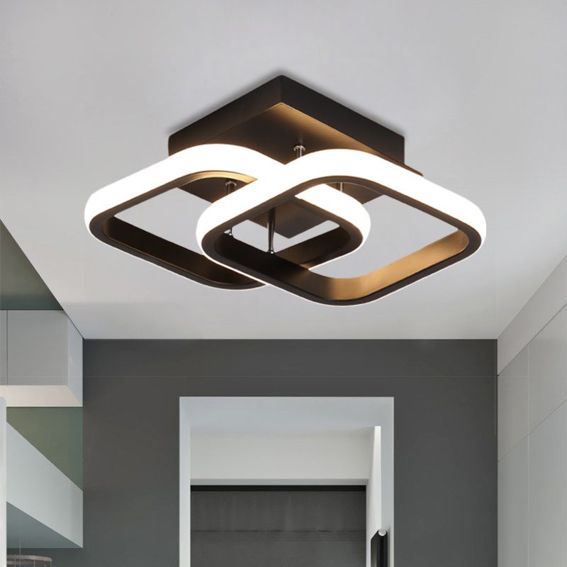 LED Corridor Semi Flush Mount Eenvoudig zwart plafondarmatuur met vierkante/ronde metalen schaduw in warm/wit licht