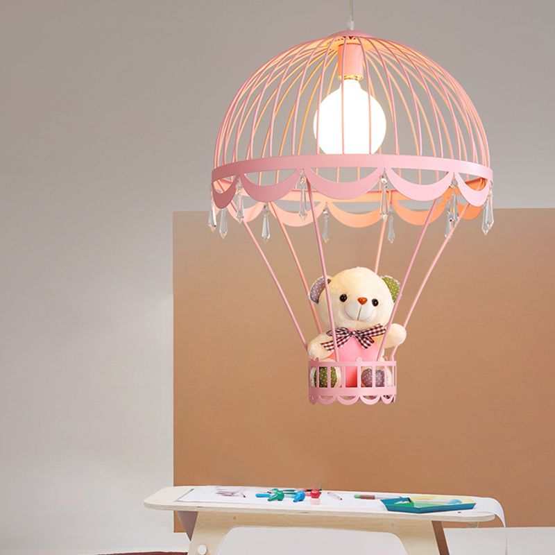 Hot Air Balloon Bedside Ceiling Light Metal Single Cartoon Hanging Lamp with Bear and Crystal Accent