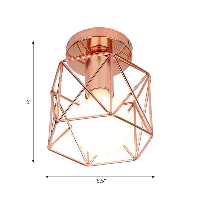 1-flammige Deckenleuchte mit geometrischem Käfigschirm aus Eisen, halbbündige Schlafzimmerleuchte im Loft-Stil in Kupfer