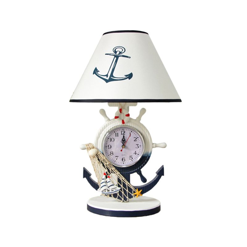 Rudder Base Table Lighting Children Style Resin Single Bulb Blue Shaded Night Stand Lamp with Clock Design