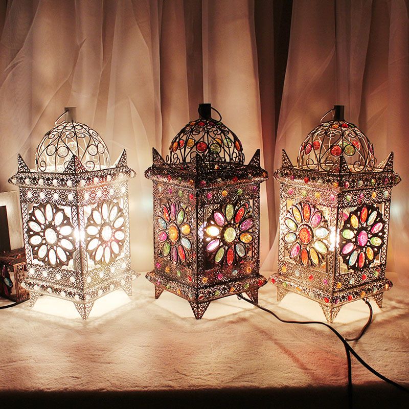 Lantern Bedroom Night Table Light Bohemian Metal 1 Light Silver/White/Bronze Nightstand Lighting