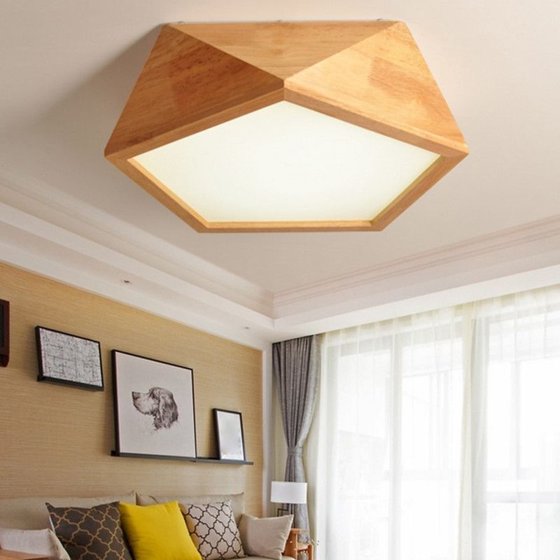 Wood Geometric Shape Flush Ceiling Light Modern 1 Light Flush Mount Light Fixture in Brown