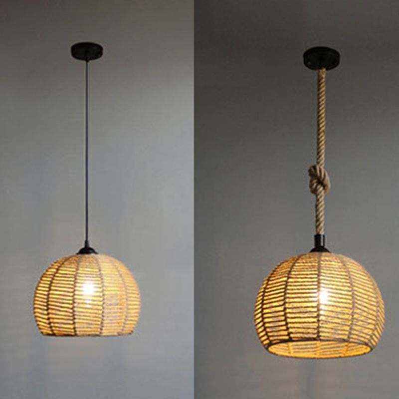 Spherical Shade Rattan Hanging Light 1-Light Asian Style Pendulum Light in Beige