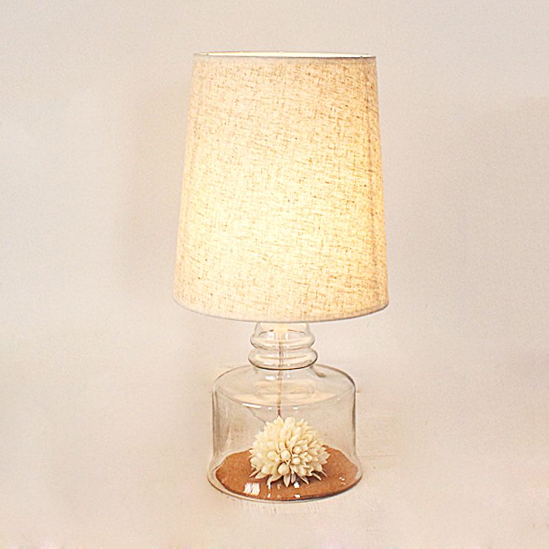 Pastoral Bucket Table Lamp 1-Bulb Fabric Night Light in Clear/Blue/Black with Dried Flower and Glass Base