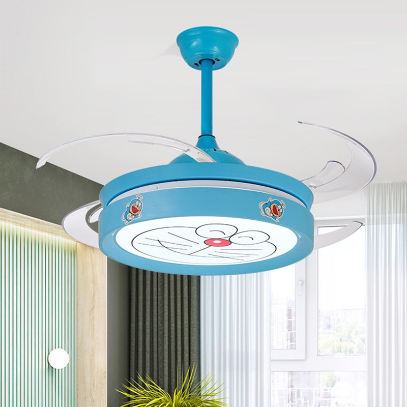 Acrylic Drum Semi Flushmount Nordic Kids 47" W LED Blue Hanging Ceiling Fan Light with Cartoon Cat Pattern for Bedroom, 4 Clear Blades