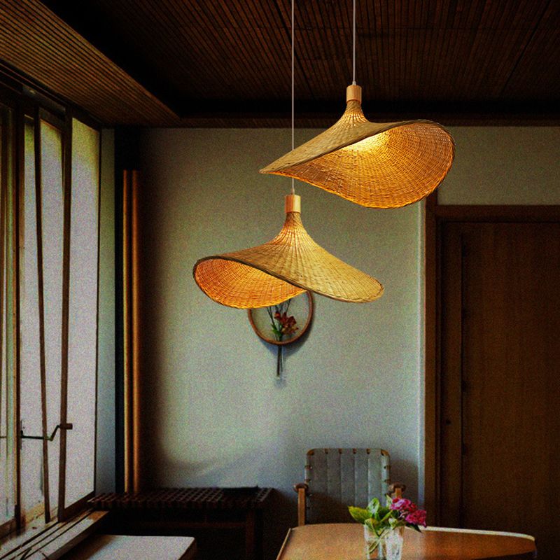 Asian Style Handmade Bamboo Weaving Modern Pendant Hat Shape Kitchen Pendant Lighting