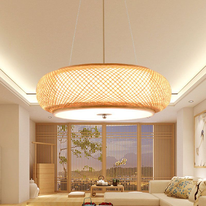 Round Hanging Light Fixture Asia Bamboo 1 Bulb Living Room Ceiling Pendant in Wood