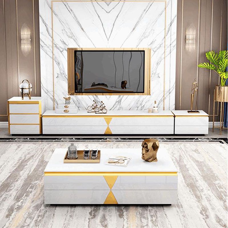 Glam Wooden TV Media Stand Glass Top TV Stand Console with Drawers