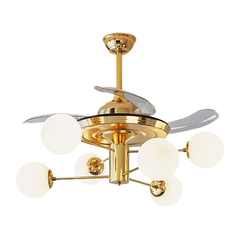 Postmodern 3 Blades Burst Arm Fan Light Milk Glass 6 Heads Living Room Semi Flush Mount Chandelier in Gold, 38" Wide