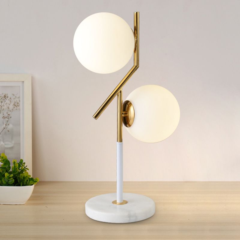 Opal Glass Globe Table Lamp Contemporary 2 Lights Nightstand Light in White with Marble Base