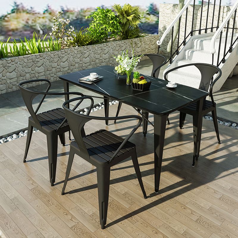 Outdoor Black Stone and Iron Patio Table Contemporary UV and Rust Resistant Dining Table