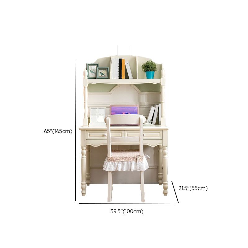 White Solid Wood Writing Desk with Storage Shelves and Storage Drawer