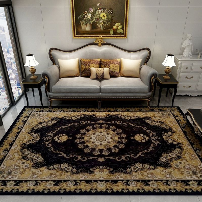 Oriental Floral Frame Rug Dark Color Polypropylene Rug Machine Washable Anti-Slip Backing Stain Resistant Area Carpet for Family Room