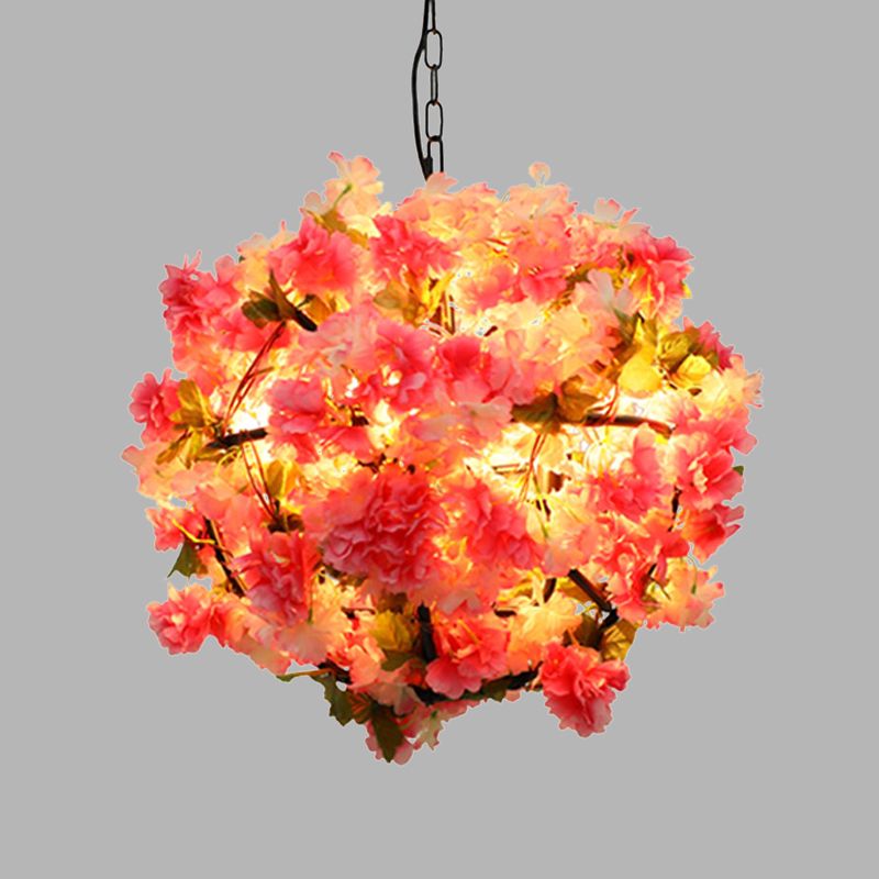 Ball Restaurant Chandelier Light Industrial Metal 4 Bulbs Pink LED Hanging Lamp with Cherry Blossom