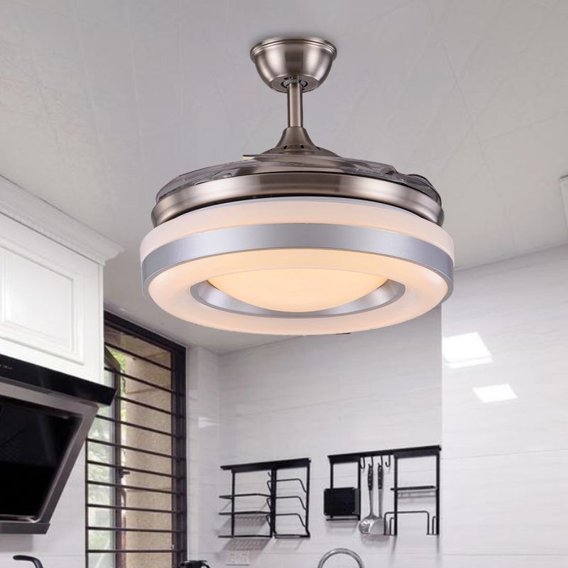 Silver/dorado LED Semi Flush Mount Light Modern Metal Ronda 4 cuchillas Lámpara de ventilador colgante con control remoto, 36 "/42" de ancho