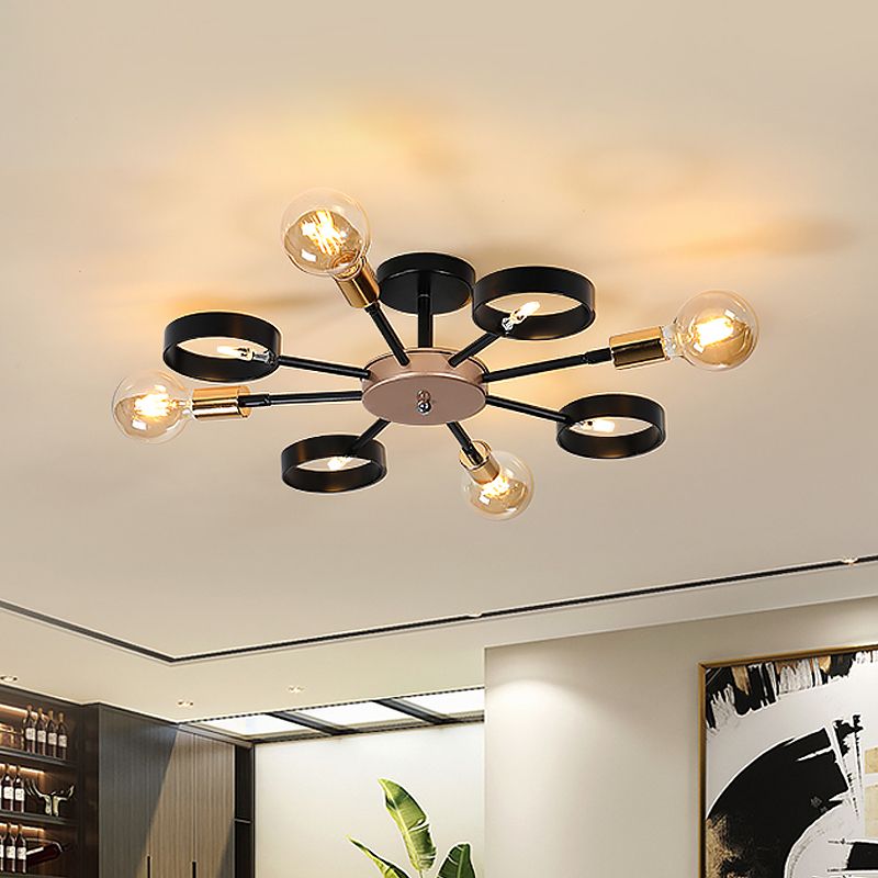 Sputnik Metal Flush Ceiling Light Post Modern 8 Heads Black LED Semi Flush Mount for Living Room