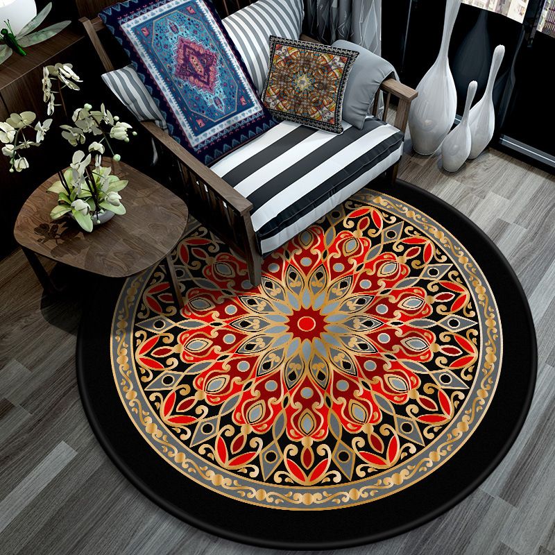 Retro Mandala Indoor Rug Dark Color Moroccan Carpet Polypropylene Non-Slip Pet Friendly Washable Rug for Sitting Room