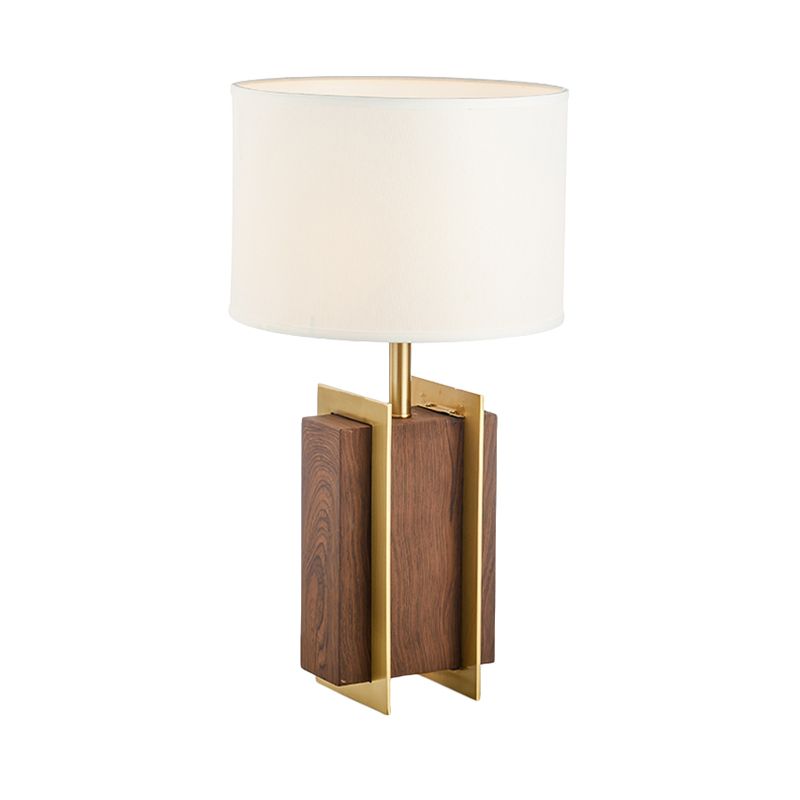 Metal Rectangle Desk Light Modernist 1-Head Fabric Table Lamp in Gold with Wood Detail