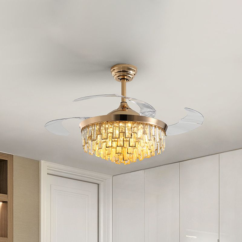 Multi-Layer Crystal Rectangle Semi Flush Postmodern 3-Blade Dining Room LED Ceiling Fan Light in Gold, 42" Width