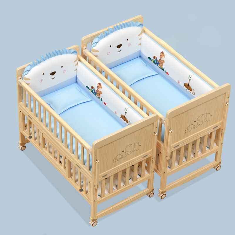 Contemporary Natural Toddler Bed Solid Wood Baby Bed with Wheels