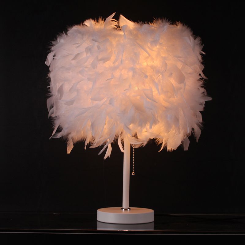 White/Red/Pink Cylindrical Table Lamp Romantic Modern 1 Bulb Feather Pull-Chain Nightstand Light