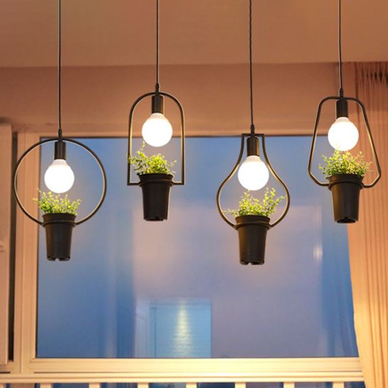 4 lumières Géométrique Cluster Pendent Industrial Black Metal LED PLANT PLATION PLAFICATION POUR LA CUISINE