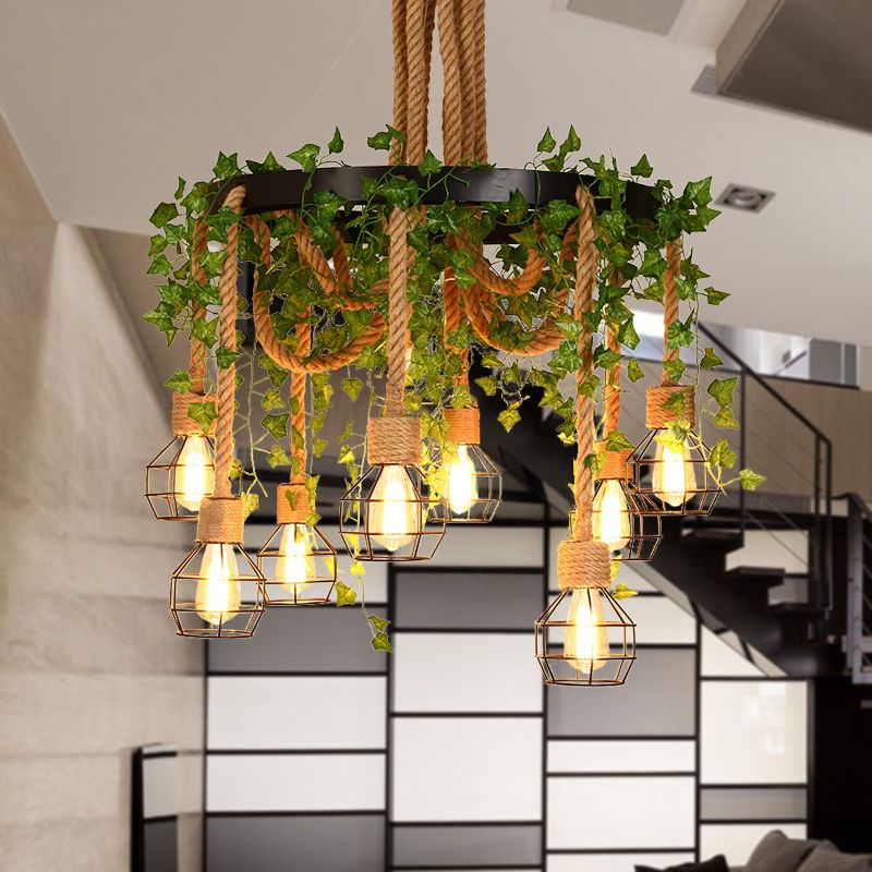 Exposed Bulb Restaurant Cluster Pendant Industrial Hemp Rope 8 Bulbs Pink/Green LED Drop Lamp with Flower/Plant