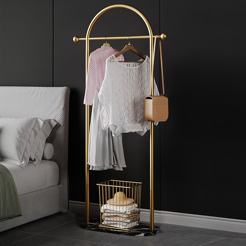 Glam Entry Hall Tree Metal Hanging Rail Storage Basket and 2 Hooks Coat Rack